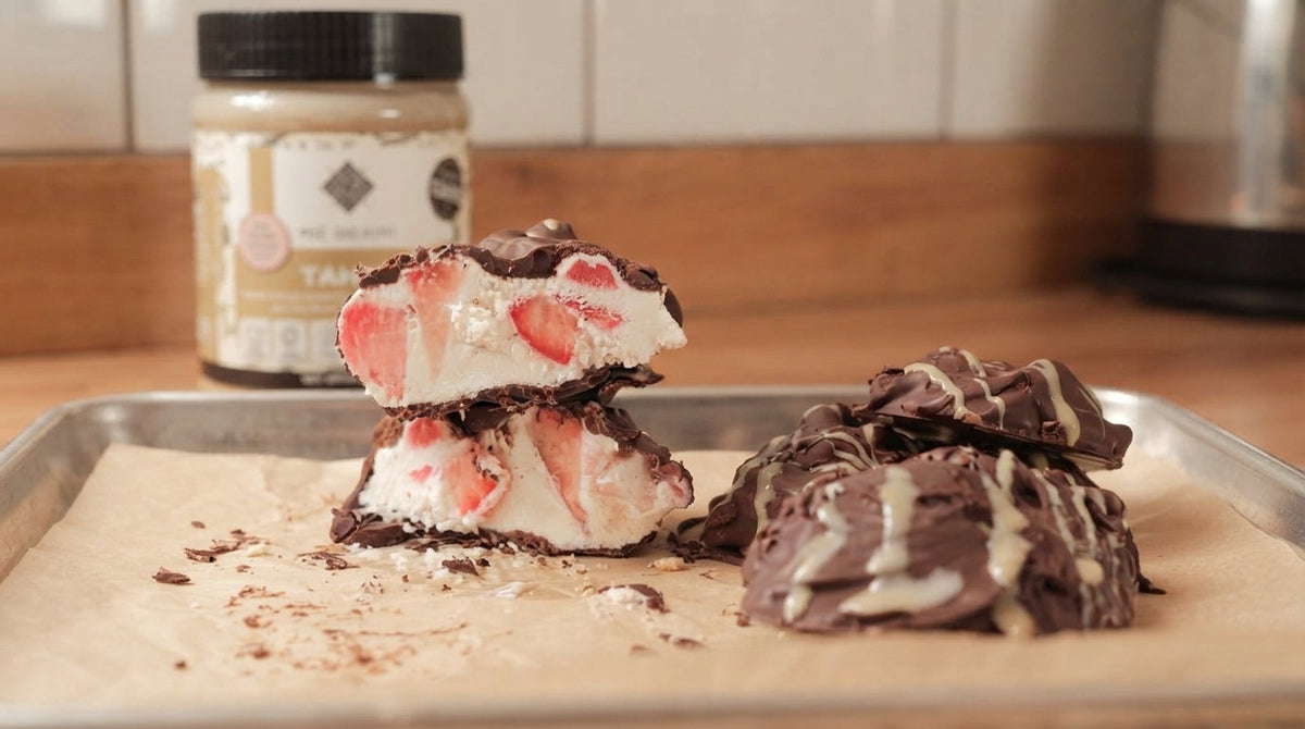 strawberry yogurt chocolate bites with tahini
