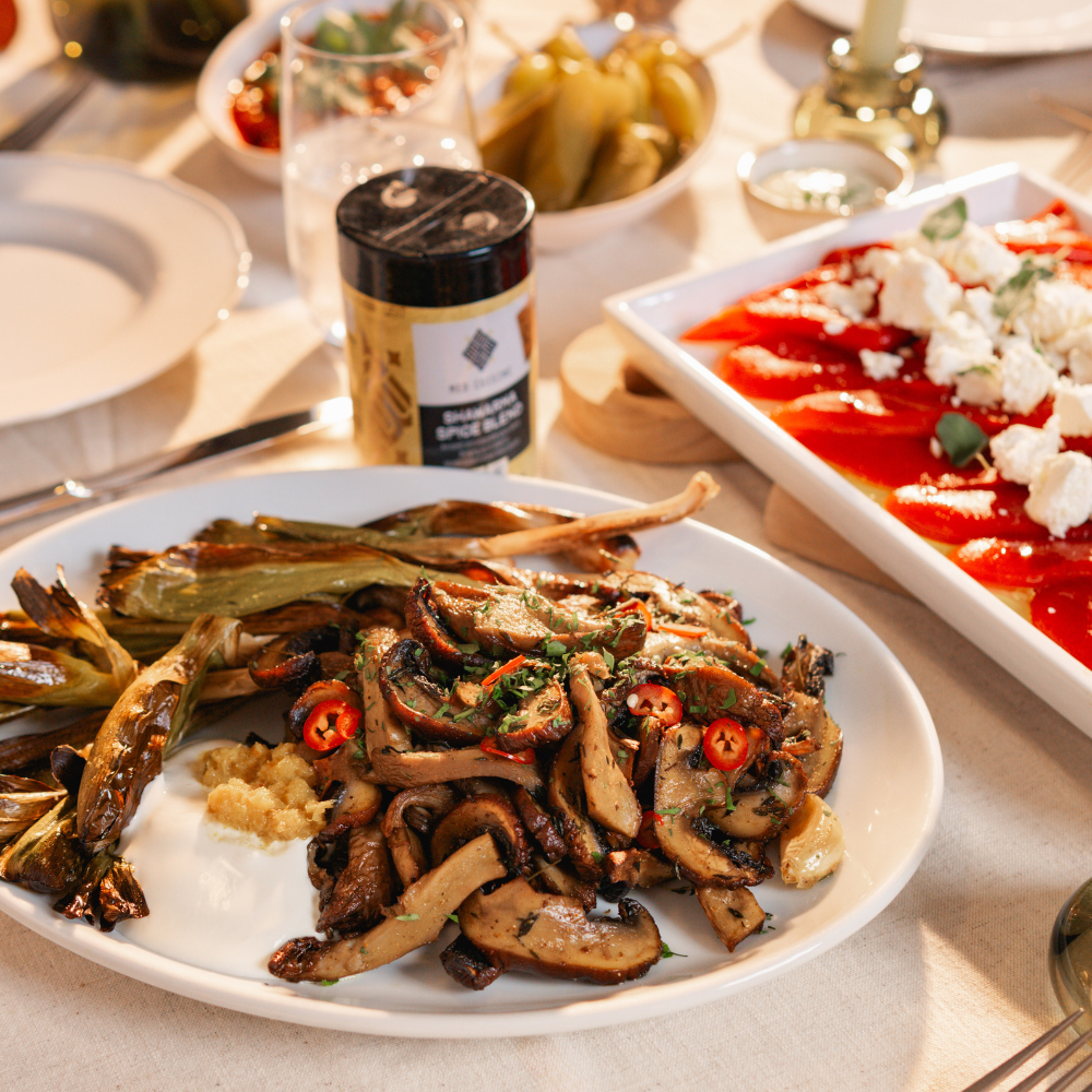 mushroom & leek shawarma with harissa yogurt